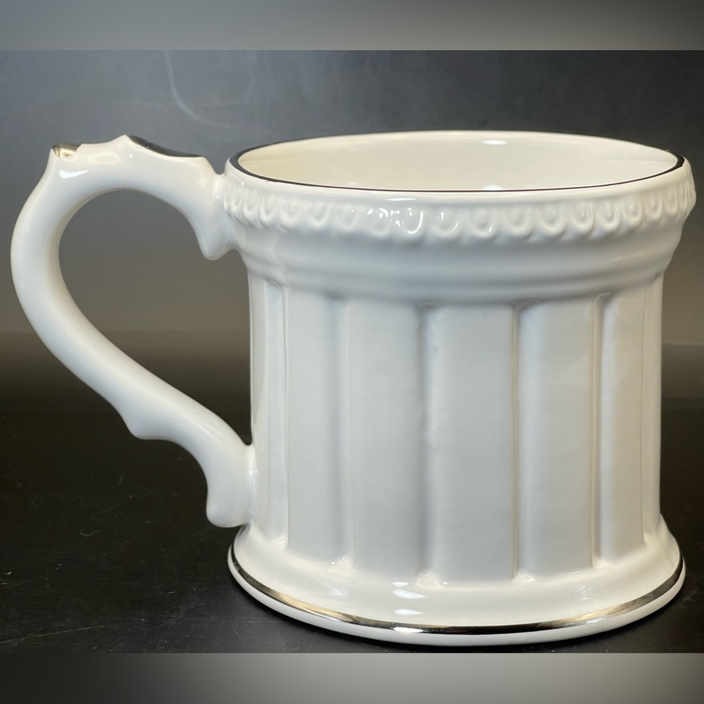 Vintage White Ceramic Coffee Tea Mug w Silver Trim Rim & Handle Fluted Column
